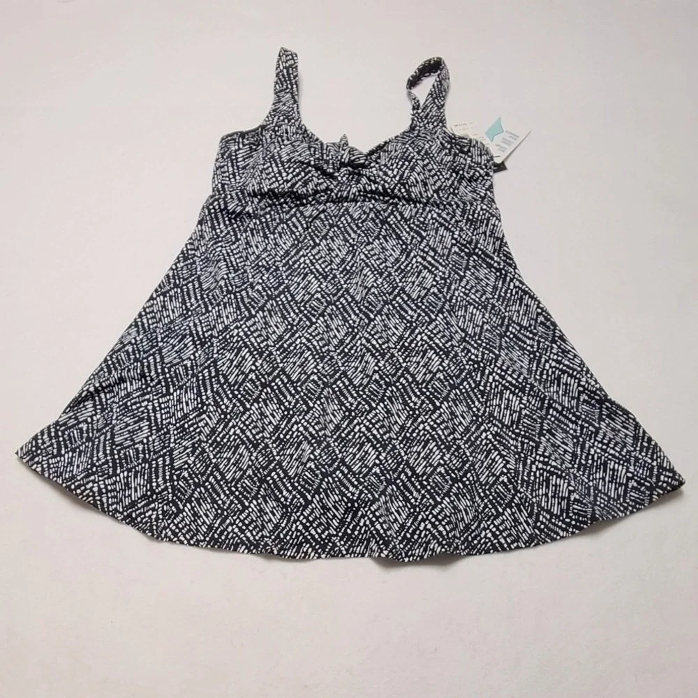 Swim Solutions Women's Black White Geometric Bow Front Swim Dress Size 14 - Picture 1 of 9